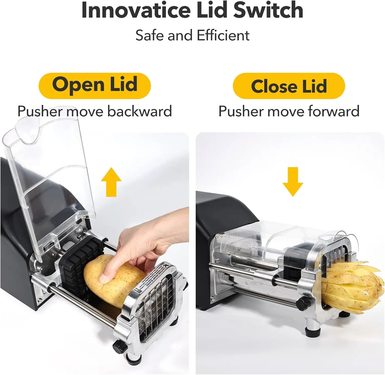 Electric French Fry Cutter, Upgrade Lid Control Version with 1/2 Inch and 3/8 Inch Blade. 300w Commercial Grade Stainless