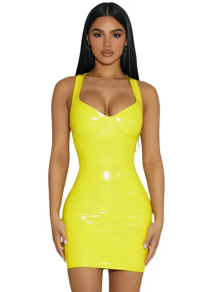 

Sleevelss Wet Look PVC Vestido Deep V-neck Shiny PU Leather Hot Dress Tight Package Hip Minifalda Sexy Clubwear Camisole Dresses