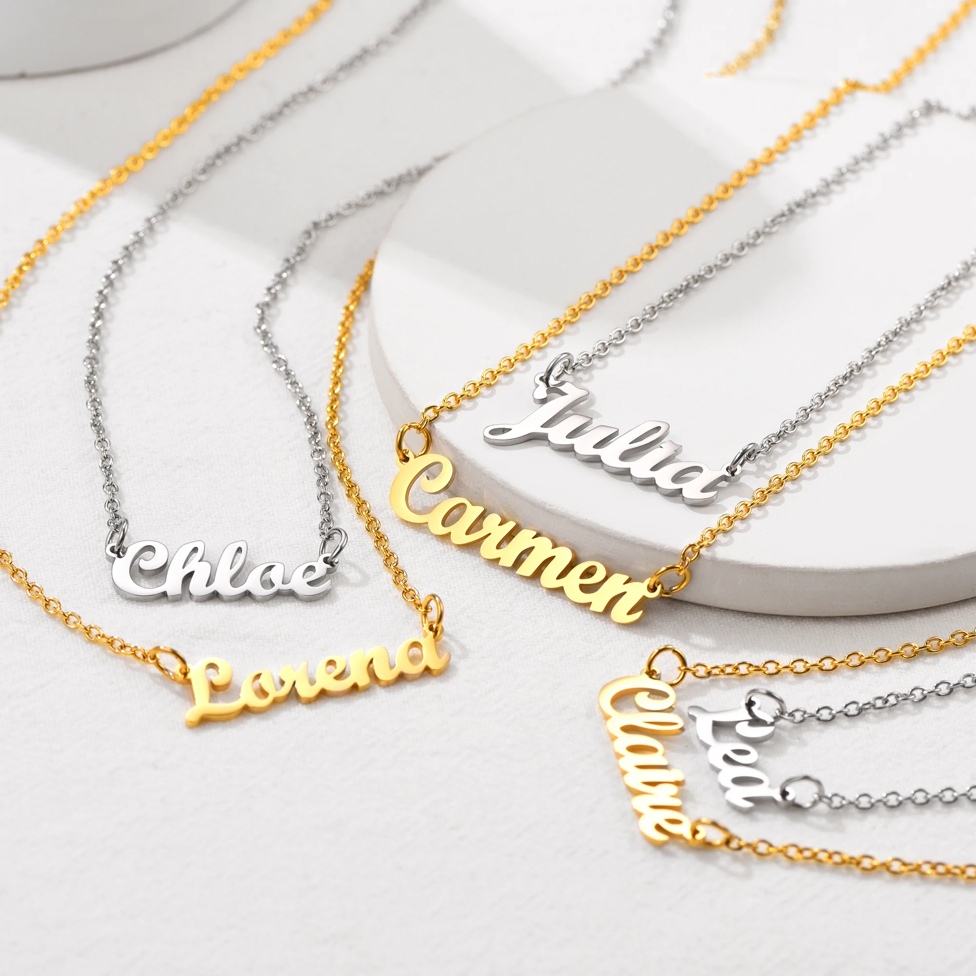 U7 925 Sterling Silver Personalized 1-5 Names Necklace Straight Curved Type Custom Birthday Jewelry Gift for Women BFF Lover