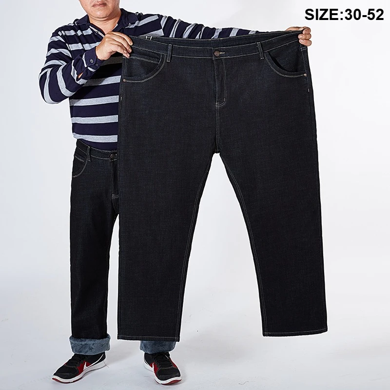 Winter Jeans Men Warm Fleece Pants 150KG Stretched Straight Loose Thick Plus Size 44 48 50 52 Male Oversized Denim Trousers