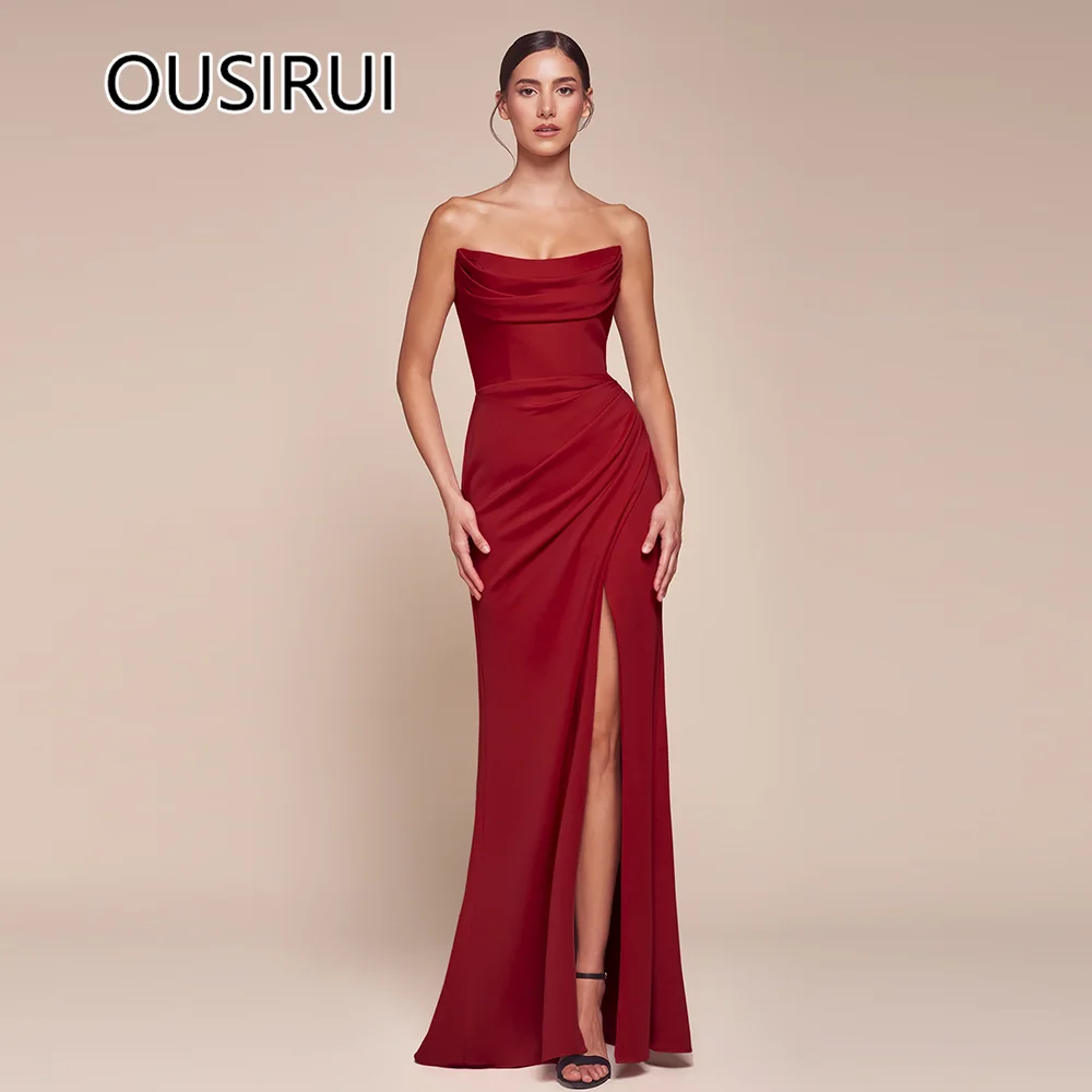 

OUSIRUI Strapless Satin Pleated Women Evening Party Dress Sheath Side High Slit Backless Court Evening Prom Gown robe de mariée