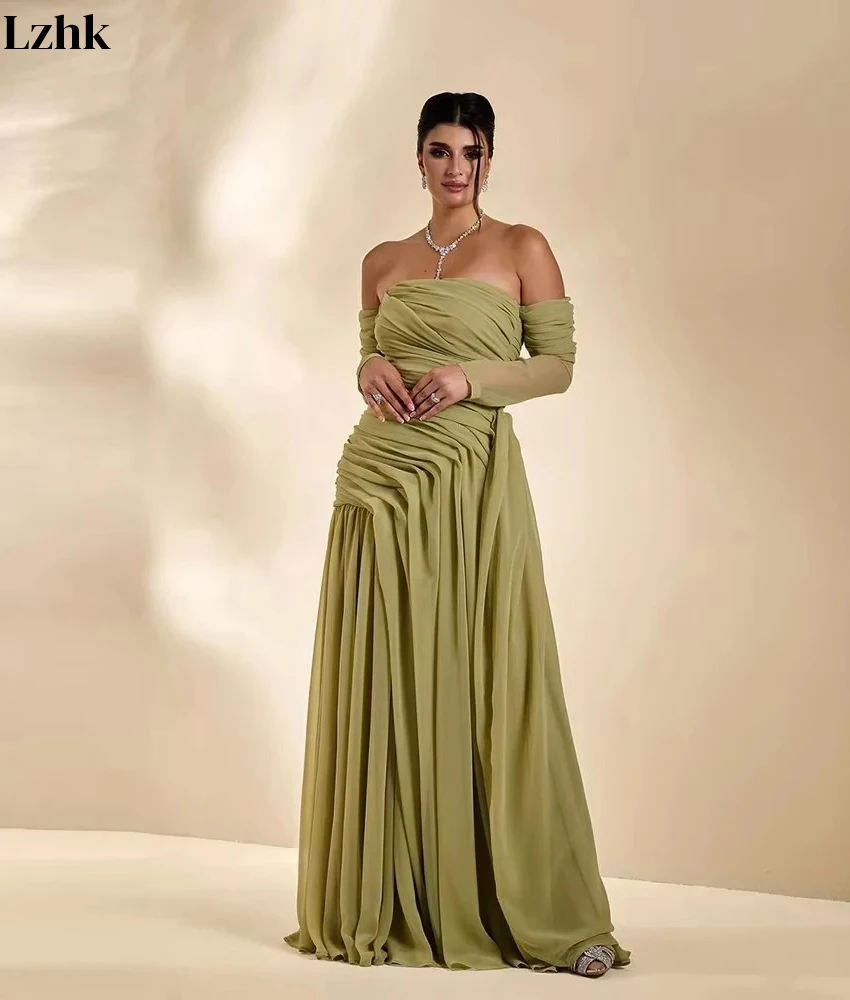 Vestido de noche personalizado de gasa Sexy con hombros descubiertos, vestidos de fiesta hasta el suelo de manga larga sin tirantes de alta calidad