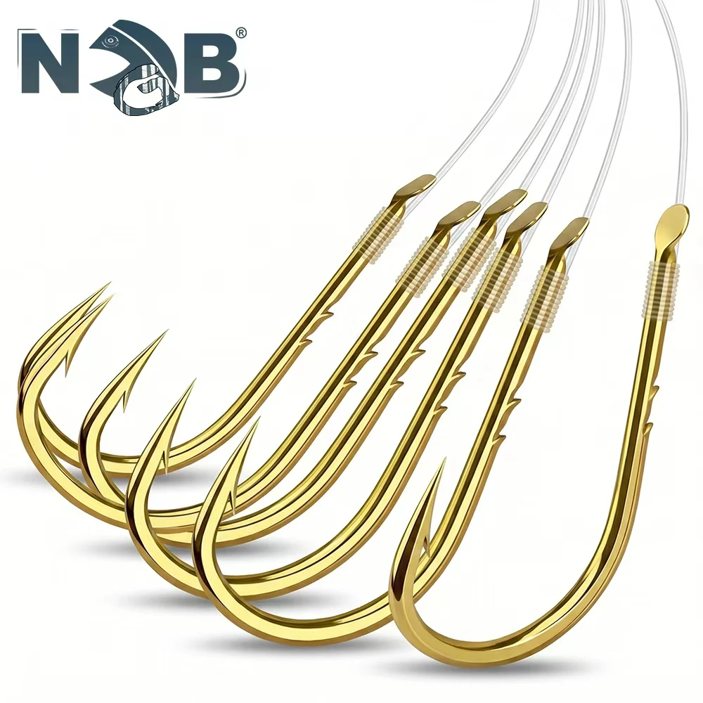 FTK 10 Stück/Packung Goldene Angelhaken mit Widerhaken, vorgebundene 50 cm Nylonleine, Schnurhaken für Aal, Karpfen, Süßwasser