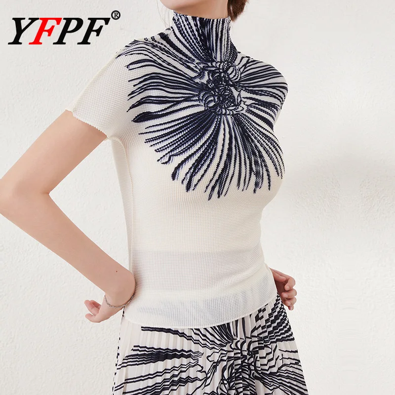 

YFPF Miyake Pleated T-shirt For Women Fashion Turtleneck Printing Design Short Sleeve Slim Tops Streetwear 2025 New Clothing