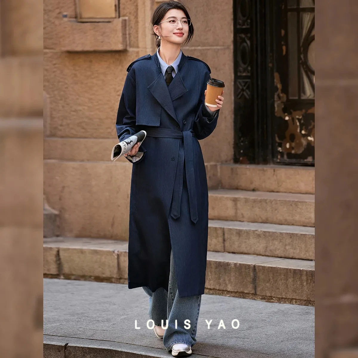 

LOUIS YAO New England Style Lazy Trench Coat 2025 Autumn Ofice Lady Loose Fit Long Coat Double Breasted Women's Windbreaker