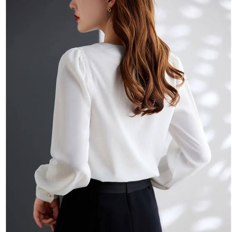 Green O Neck Shirt Women Formal New Spring Autumn Temperament High End Long Sleeve Satin Blouses Office Ladies Work Clothe Tops