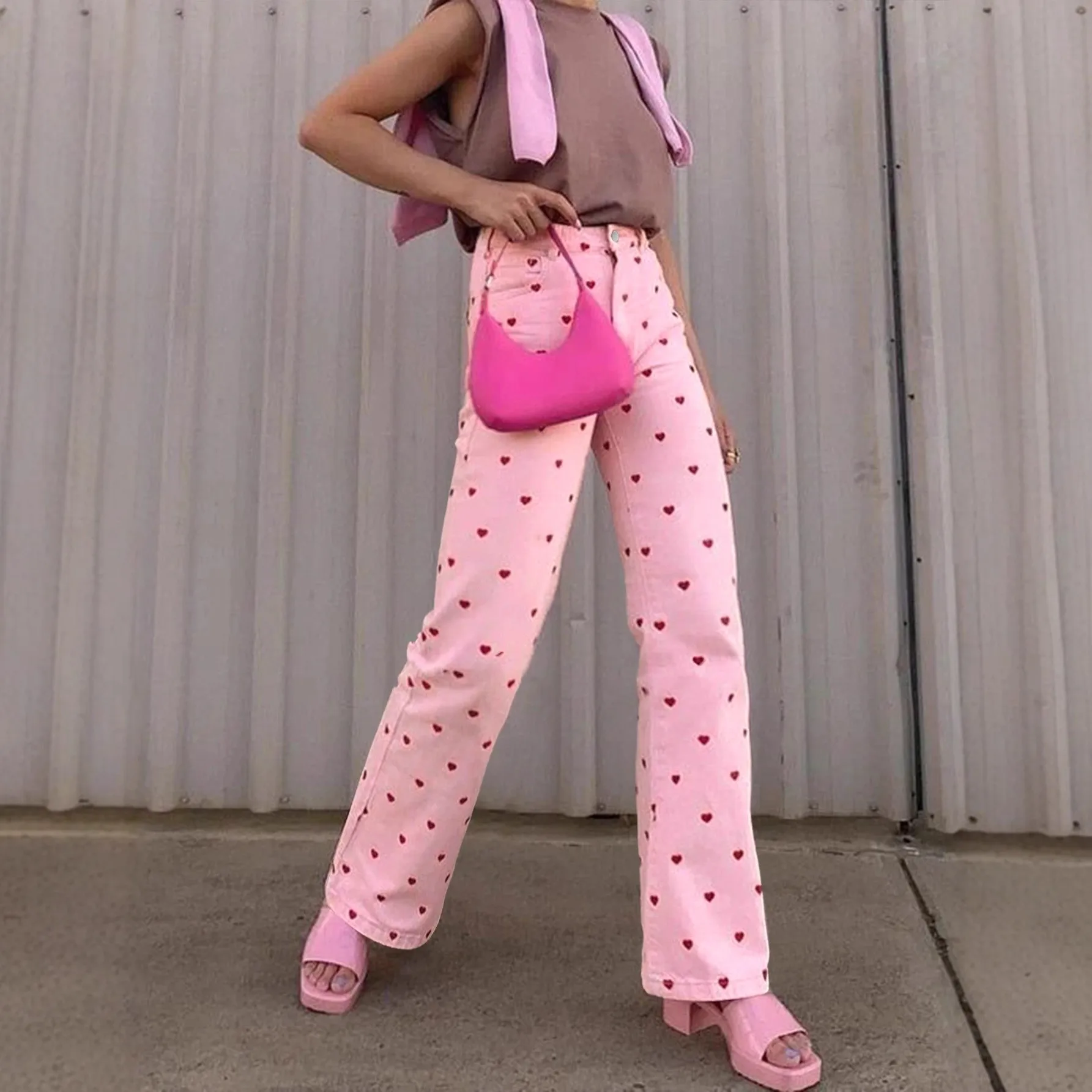 Y2K Women Baggy Jeans Pink Heart Print Denim Pants Wide Leg Mid Waist Denim Jeans Light Pink Straight Wide Leg Jeans Pants