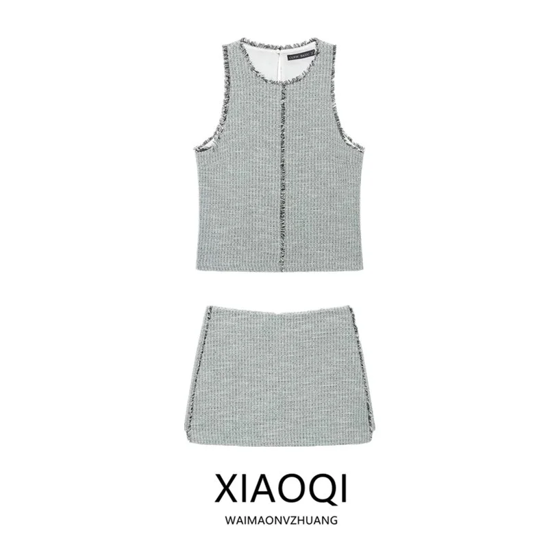New Women's Sleeveless round Neck Back Split Frayed Texture Top Early Autumn Fashion Ladies' Premium Clothing