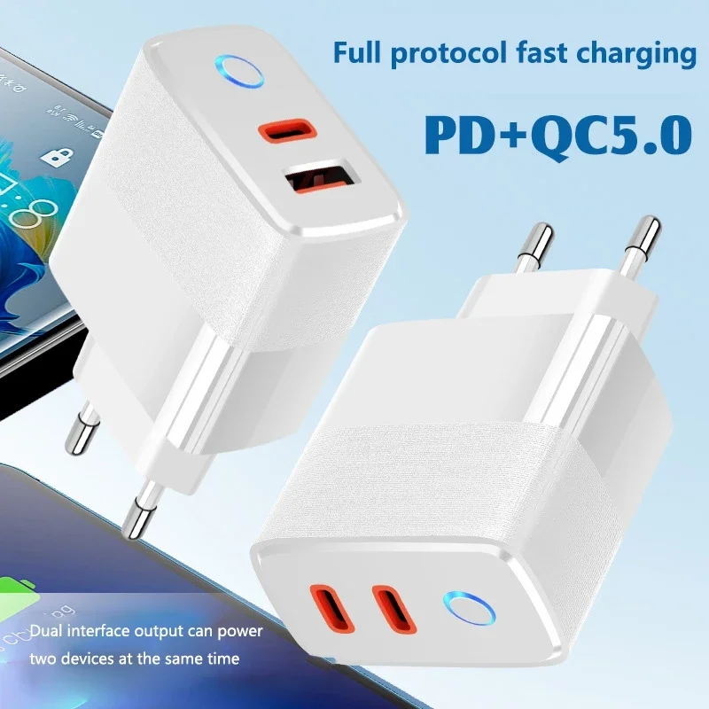 PD+QC5.0 Fully Compatible Super Fast Charger With Charging Indicator Light For Mobile Phone Dual Port Fast Charger