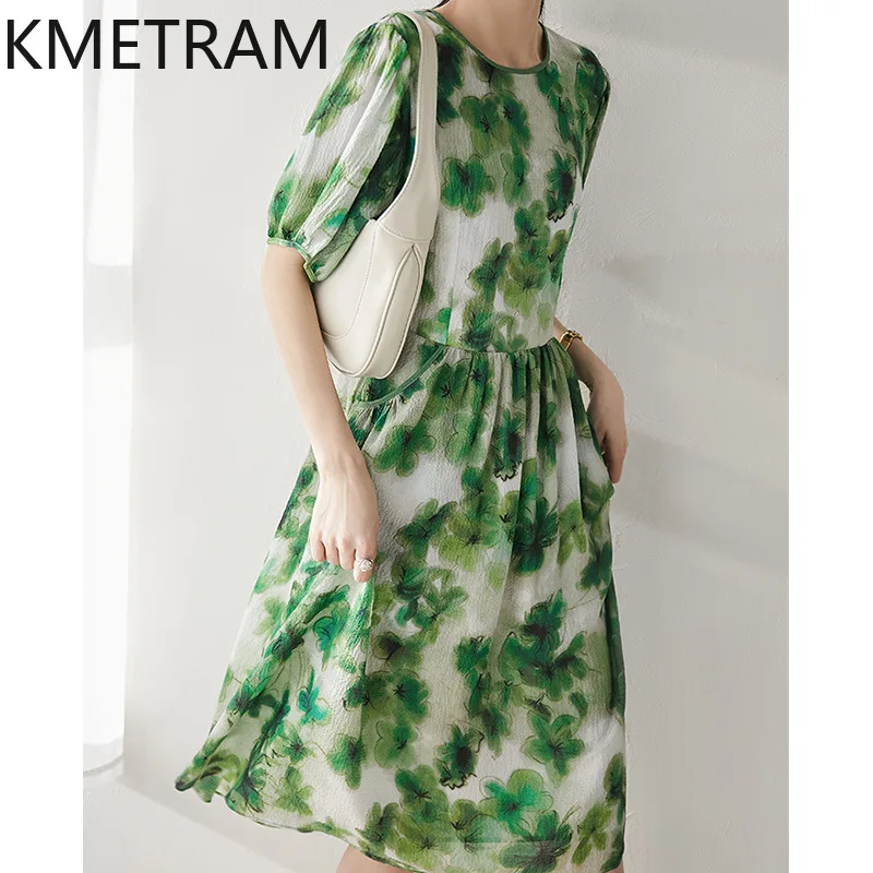 KMETRAM Mulberry Silk Floral Fairy Dress for Women 2024 Holiday Style High-end Women's Clothing Summer Mid-length Dresses New