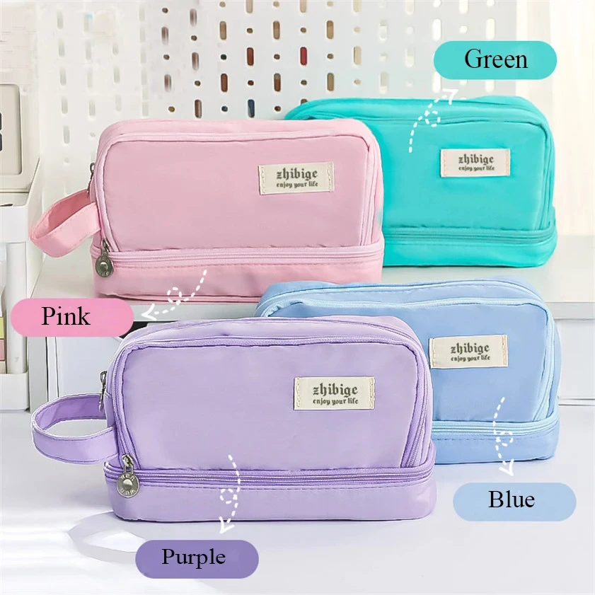 Pencil Case Double Layers Large Capacity Classification Storage Pencilcase Waterproof Canvas School Makeup Bag Pencil Pouch Pen