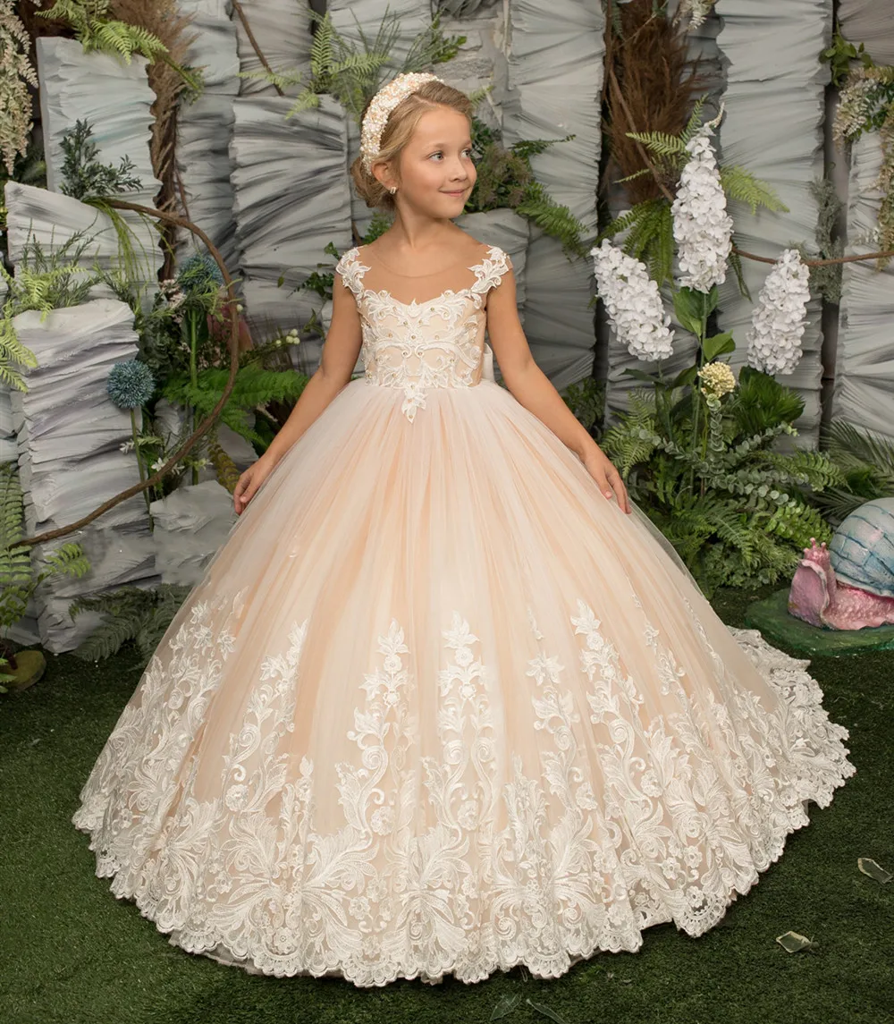 Puffy Appliques Flower Girl Dresses Long Bow Sleeveless Beaded Tulle Birthday Prom Wedding Gowns Child Holy Communion Dresses