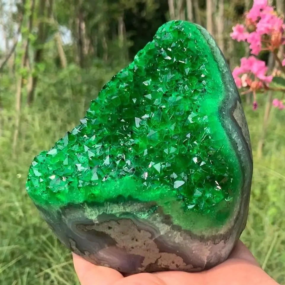 Brazilian Green Crystal Geode Quartz Cluster - Meditation Wealth Gathering, Mineral Raw Stone Crystal Cluster Aura Healing