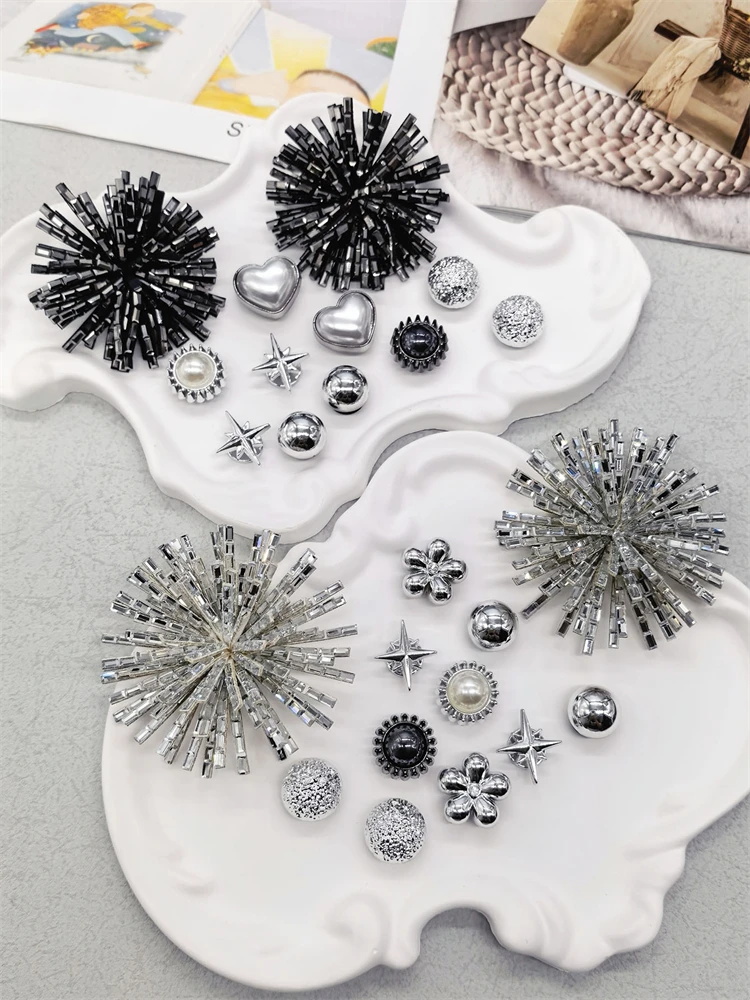 12PCS Shiny Firework Starbust Shoe Charms Accessories Silvery Heart Clogs Shoe Buckles DIY Decorations Round Beads Shoe Clips