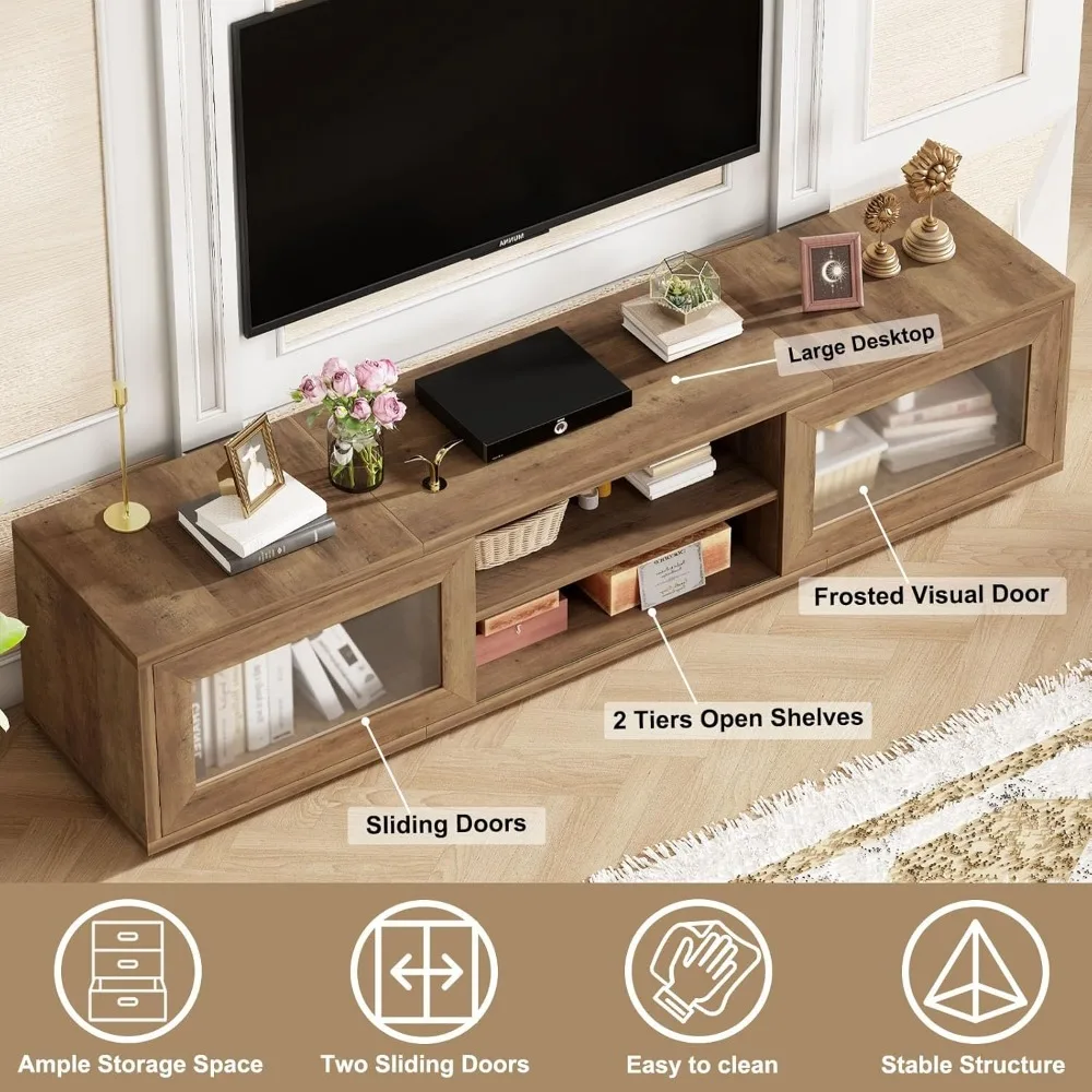 70-дюймовая подставка под телевизор для 75, развлекательный центр с раздвижными дверцами и шкафом для хранения под телевизор, современная медиа-консоль под телевизор, дерево
