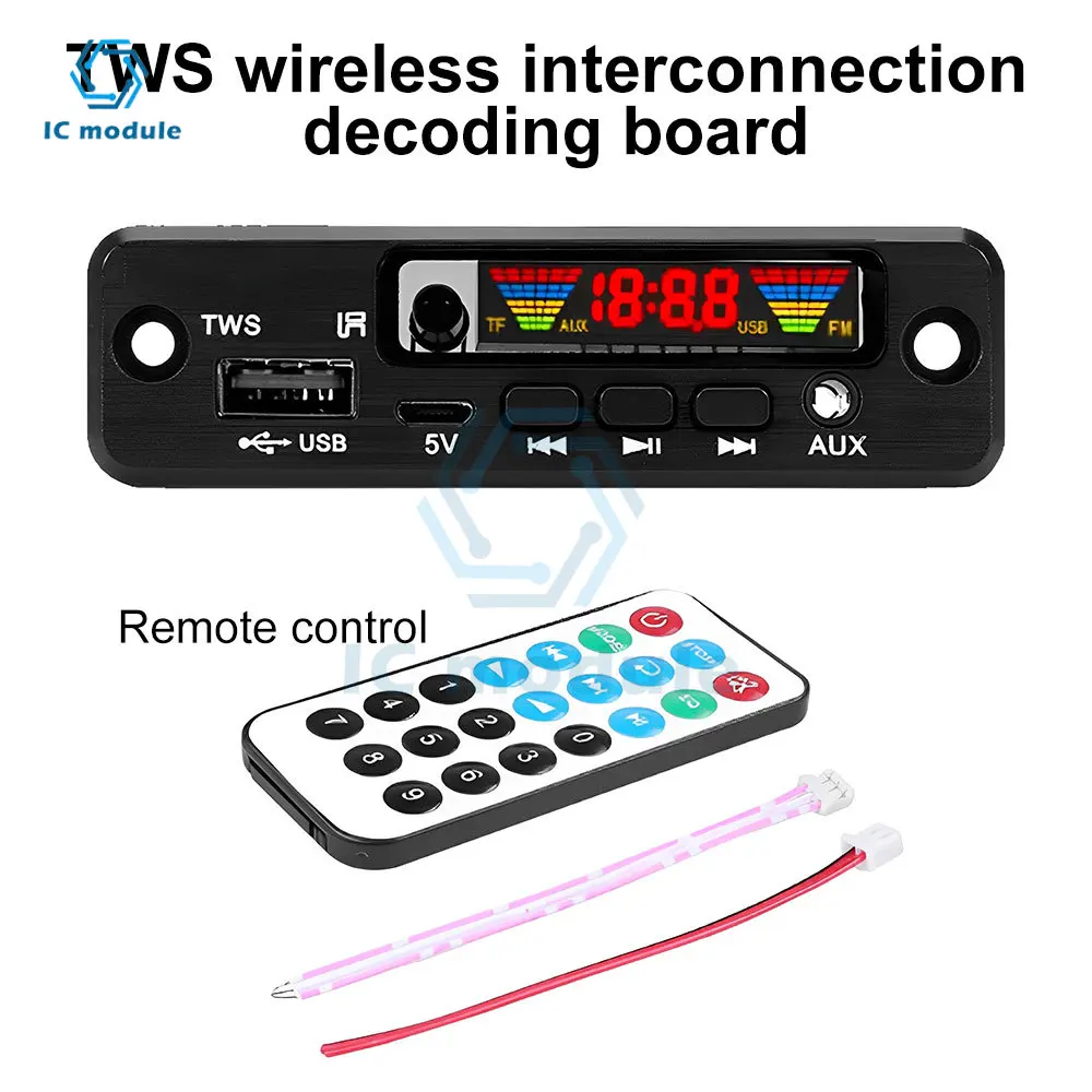 DC3.7-5V TWS wireless interconnection Bluetooth MP3 Decoder Board Lossless Audio FM Remote Control Speaker Accessories AUX FM