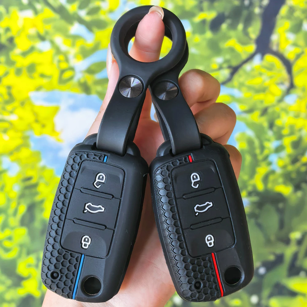 Anti-slip Honeycomb Key Protector With Keychain for VW Passat Jetta Golf 6 7 Polo Skoda Octavia A5 Fabia Seat Arona Ateca