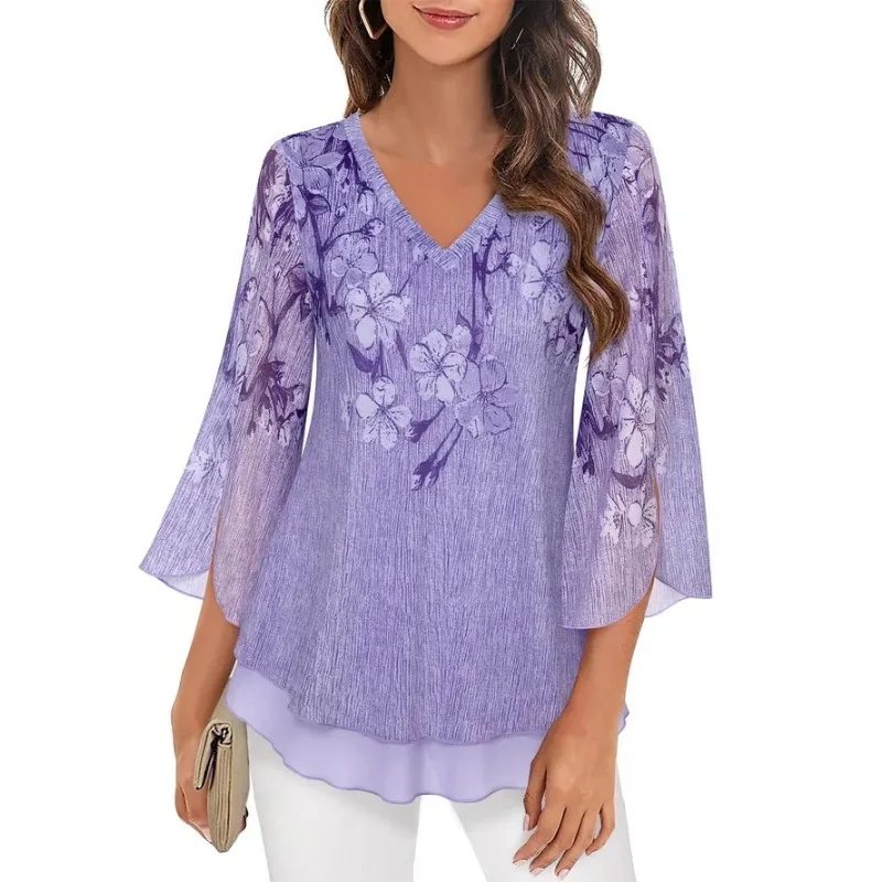 

2025 Spring and Summer New Women's Tops Shirt Elegant Printing Temperament V-Neck Seven Sleeve Irregular Blouse