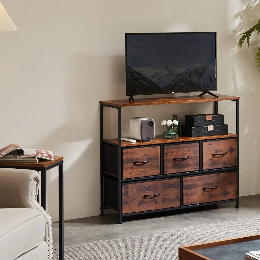 

Тумба под телевизор с 5 тканевыми ящиками для спальни, развлекательный центр для телевизора 45 дюймов с выдвижными ящиками для хранения, открытые полки
