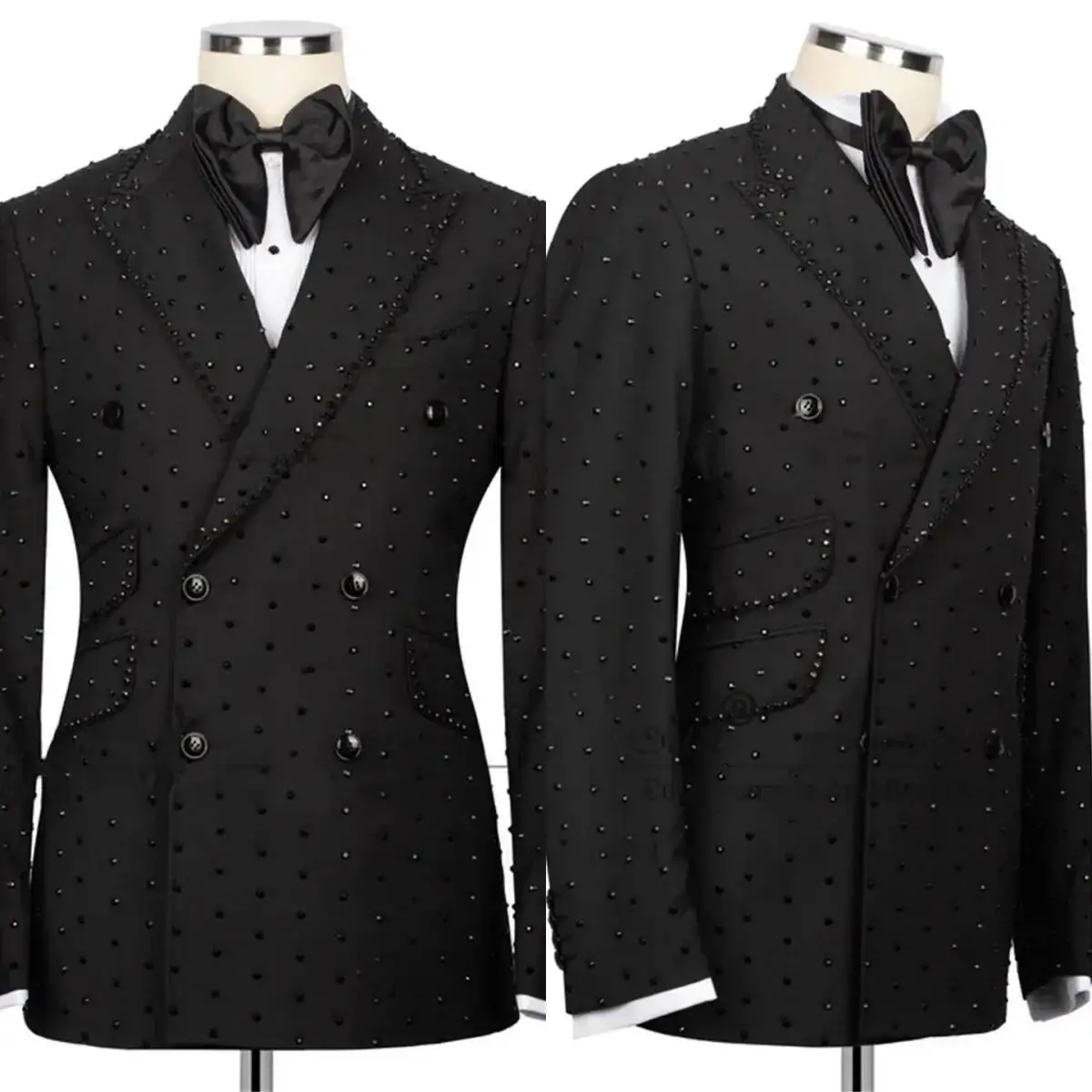 

Elegant Men Wedding Suits Peak Lapel Tuxedo Groom Wear 2 Piece Beaded Crystals Slim Fit Business Evening Party Customized