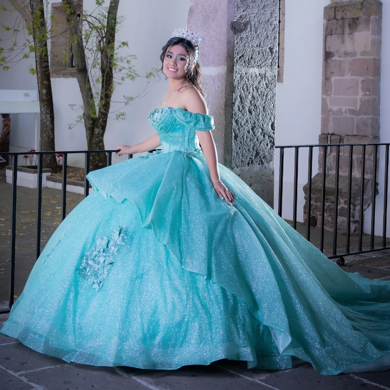 Water Blue Shiny Quinceanera Dress Off The Shoulder Applique Beads Tull Princess Sweet 16 Birthday Party Gown Vestido De 15 Anos