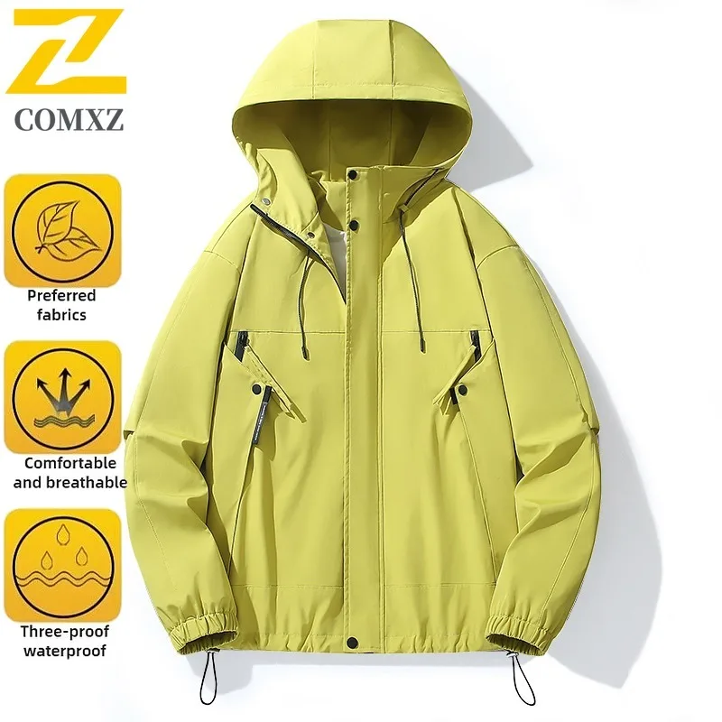 

Men's Spring Solid Color Windbreaker Waterproof Hiking Jacket Outdoor Sports Loose Fit Hooded Workwear Fit Camping Fishing Coat