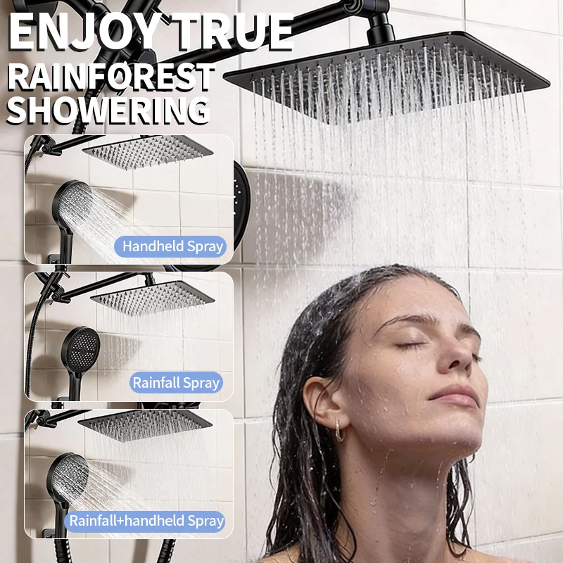 Complete Adjustable Shower Set, 8 Inch Ceiling Shower Head & 5.51 Inch Large Panel Handheld Shower, 8‑Mode Hand Shower With Spray Gun Function, Encrypted Shower Hose, Bathroom Shower System, Black