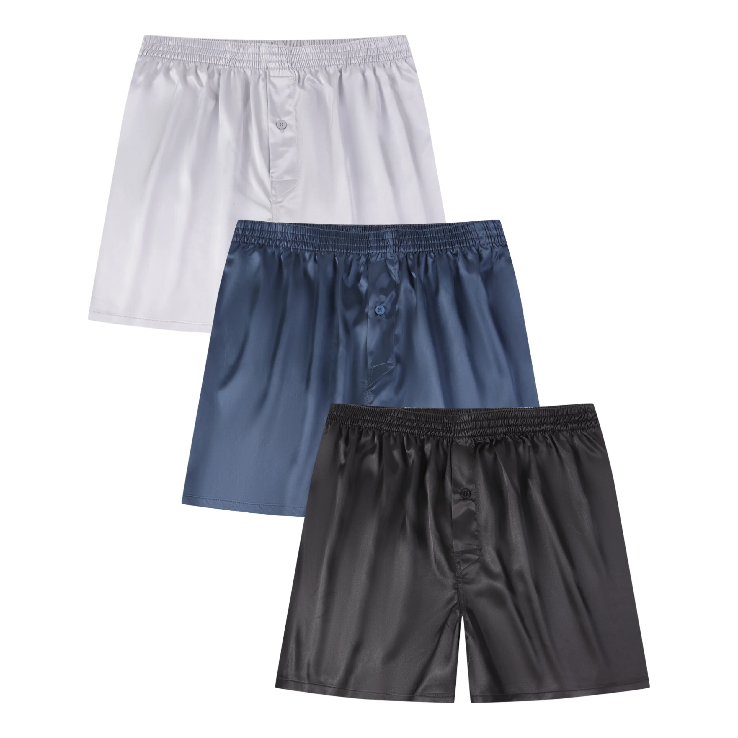 Shorts de boxer de cetim masculino, boxers soltos sólidos e cuecas, pijamas tipo seda com cós elástico confortável, 3 peças