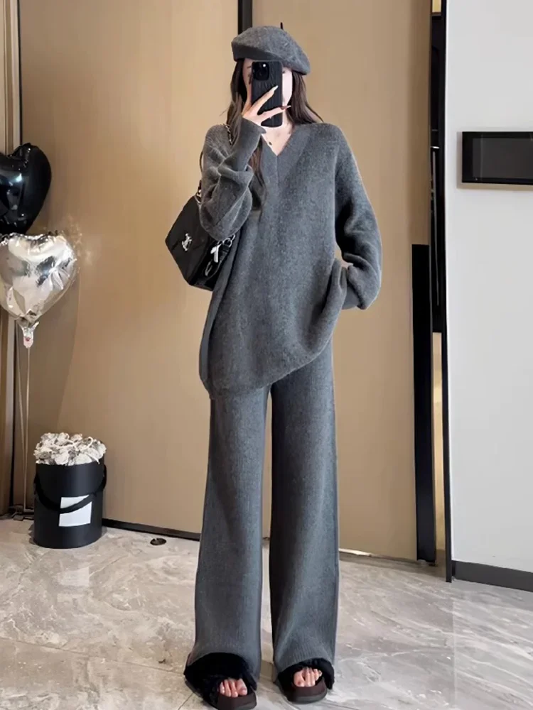 Lazy Wind Knitted Sweater Set Women\'s Autumn and Winter New Korean Version Loose High-quality Wide-leg Pants Two-piece Set Thick