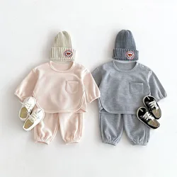 MILANCEL Autumn Baby Kid's Clothes Set Boys Waffle Solid Hoodies Suit Unisex Tracksuit Girls' Trendy Sports Wear Top+Pants 2Pcs