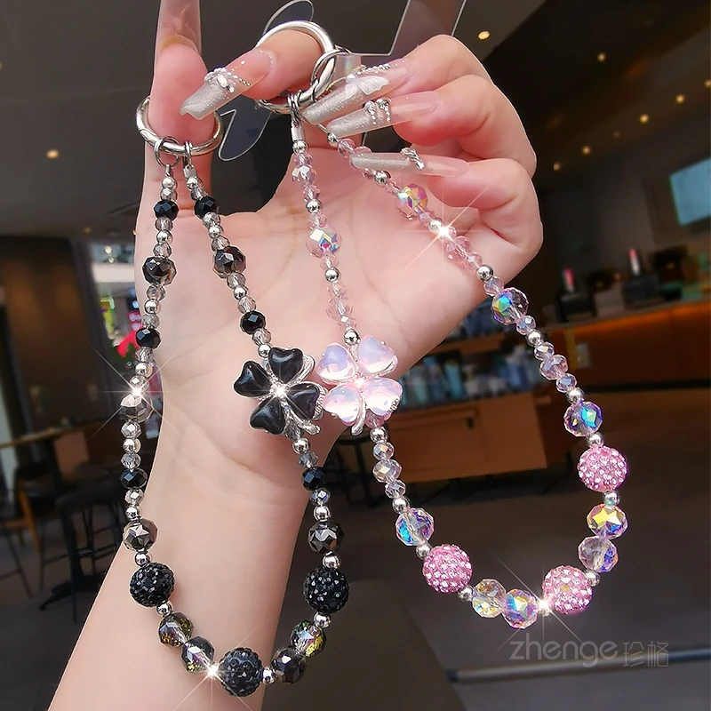 Mobile Phone Chain Female Exquisite Sparkling Diamond Four Leaf Clover Bead Premium Outdoor Anti Loss Phone Hanging Rope