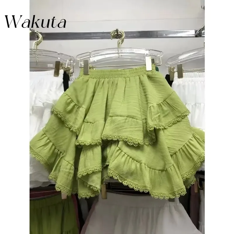 WAKUTA Japanese Elastic Waist White Black Irregular Kawaii Skirt Style School Y2k Aesthetic Ruffles Short Skirt Women Streetwear