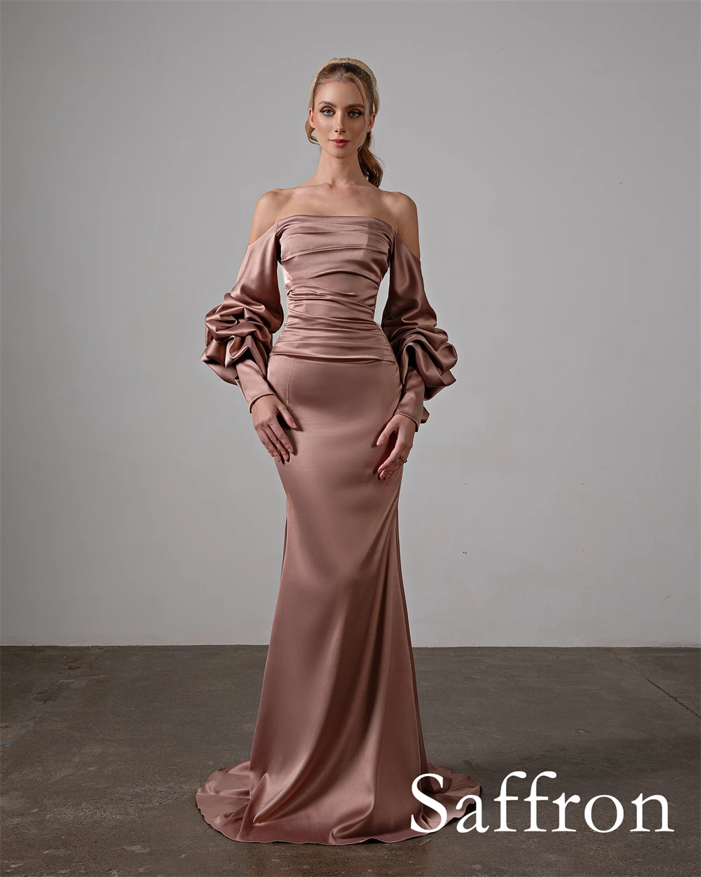 Personalizado requintado fora do ombro mangas puff vestido de noite delicado zíper voltar vestido de festa moda sereia vestido de baile