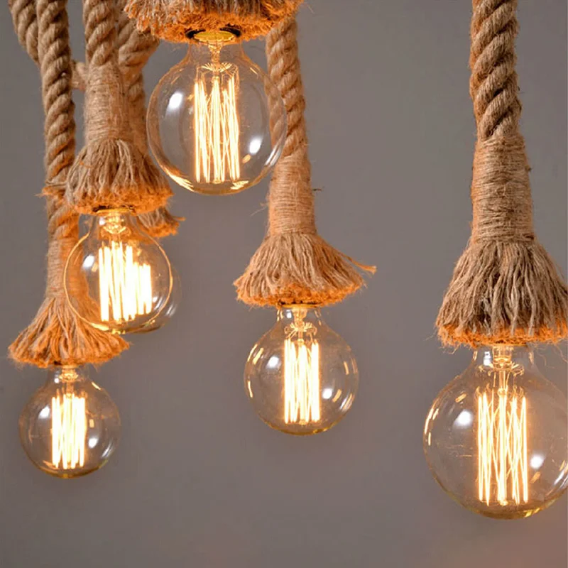 Edison E27 Vintage Chandelier Lamp American Retro Hemp Rope Pendant Light Industrial Hanging Lamps Creative Loft Home Decor