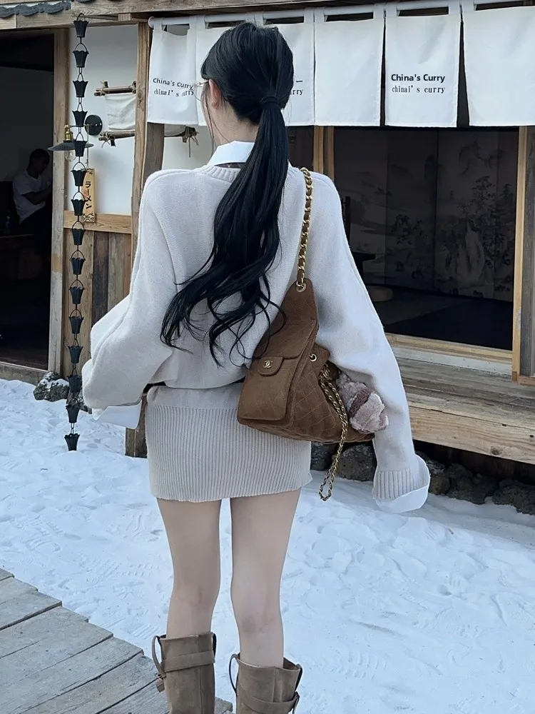 Korean Chic Slimming  Neck Long Sleeve Knitted Sweater Dress Fashionable Preppy Style All-Match Bodycon Dress for Women - view 5