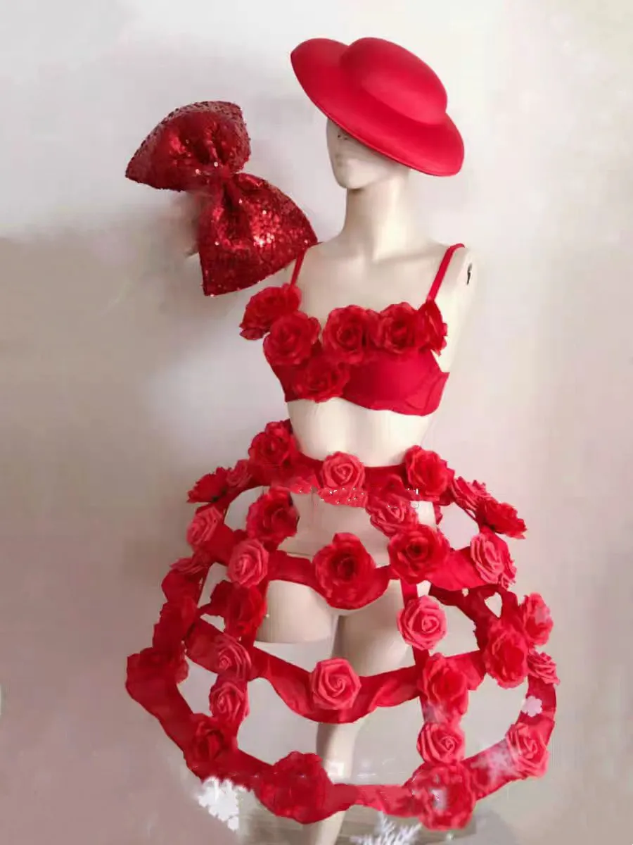 Valentine\'s Day Costume Red Rose Flower Tiered Skirt Dance Outfit Adult Carnival Party Bar Nightclub Performance Sexy Stage Wear