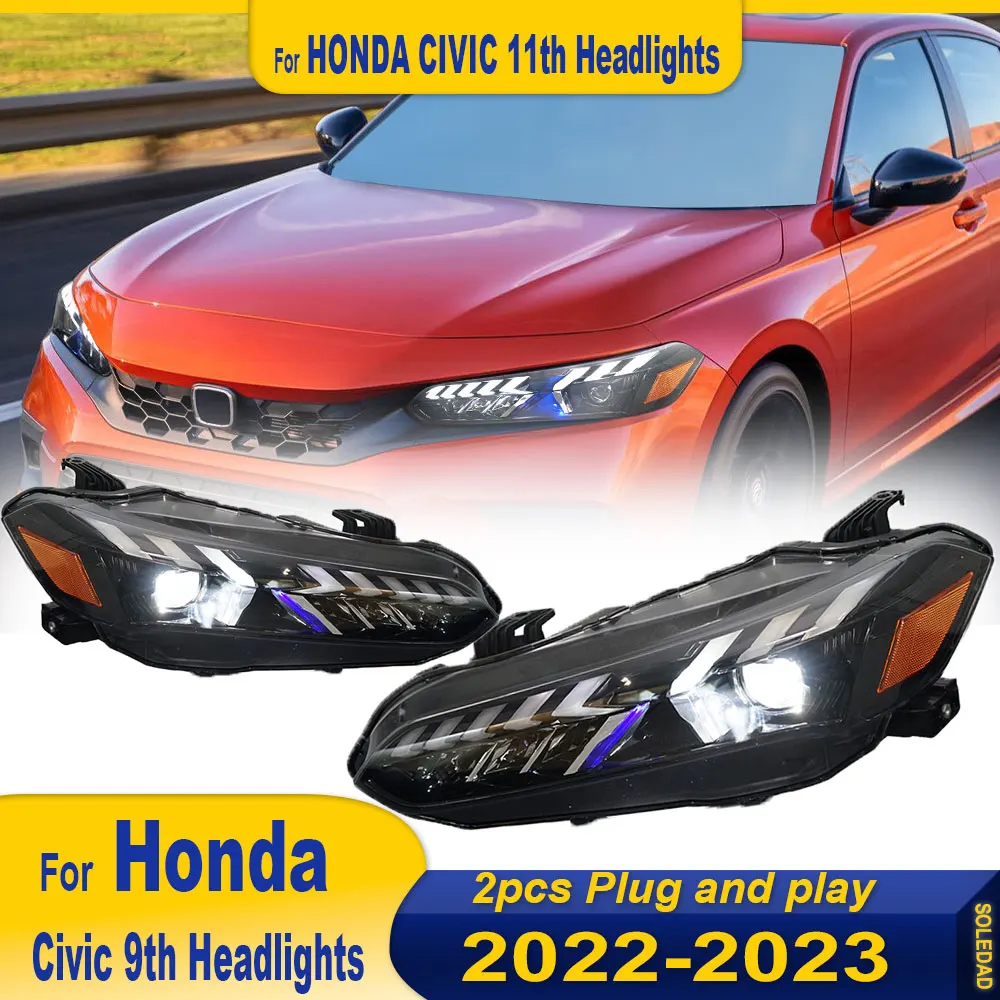 LED HeadLamp For Honda Civic 11th 2022 2023 2024 Civic Headlight Upgrade Dynamic Turn Brake LED Car HeadLamp Assembly 2pcs