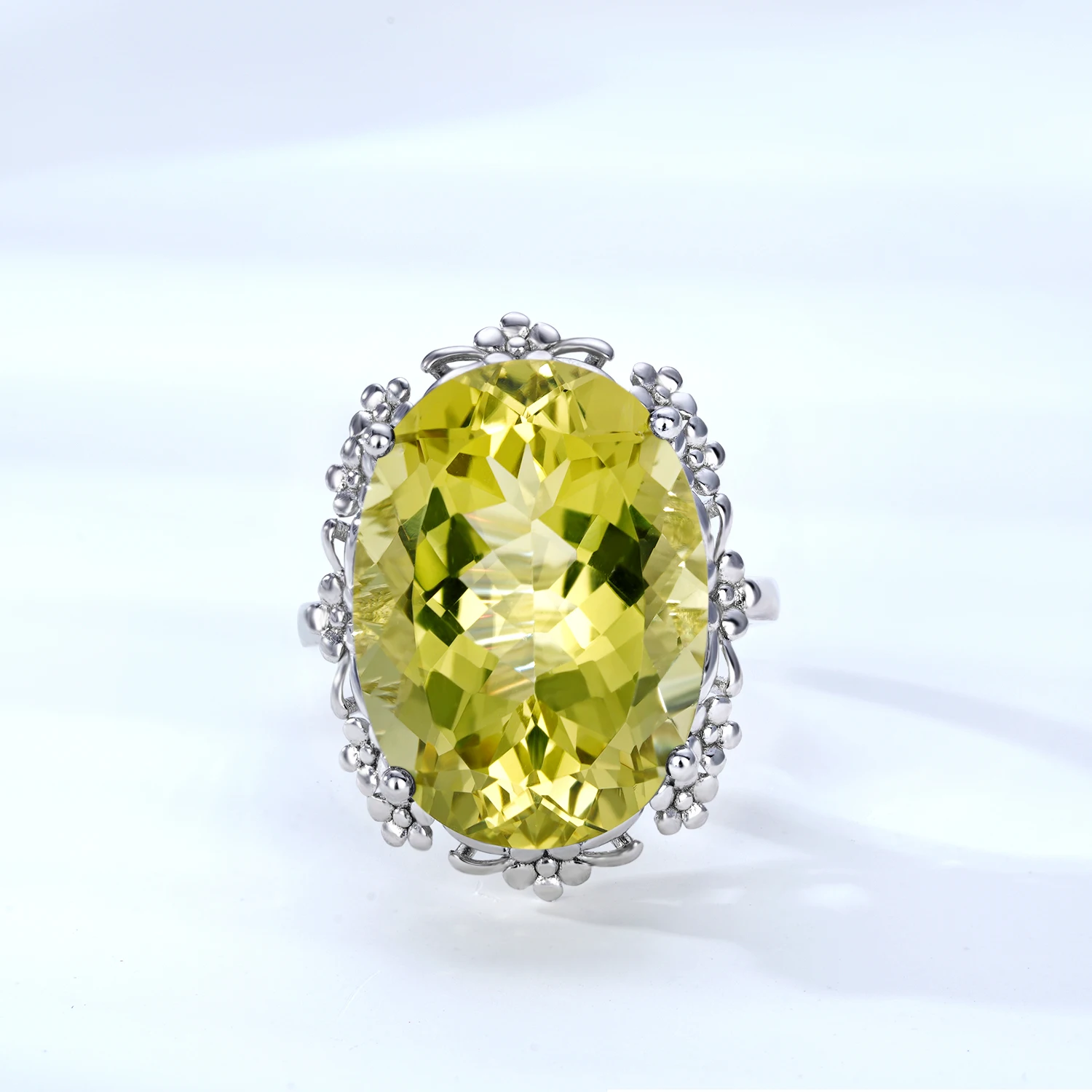 SILE Big Gemstone Floral Fine Jewelry Women Natural Lemon Quartz Gems Finger Rings 925 Sterling Silver Luxury Wedding Party Ring