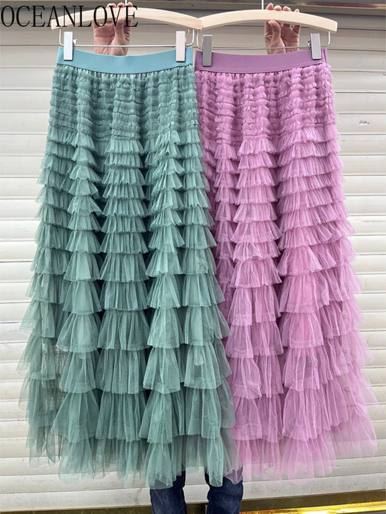 OCEANLOVE Cascading Ruffles Skirts Women Solid A-line High Waist Sweet Spring Summer Faldas Korean Elegant Jupe Femme Mesh