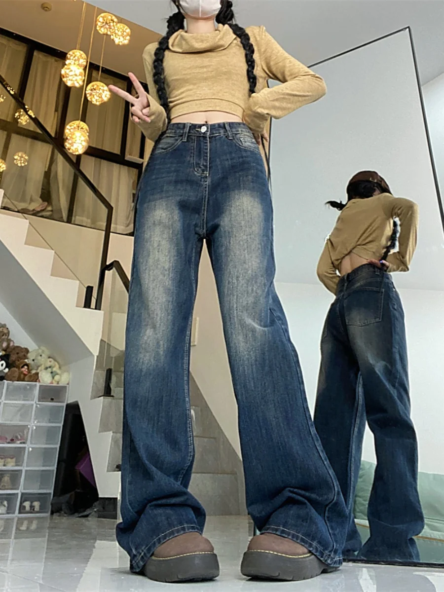American Style Retro High Waist Bell Bottom Large Size Jeans Women's Spring Wide Leg Loose Slim Straight Micro Flared Pants