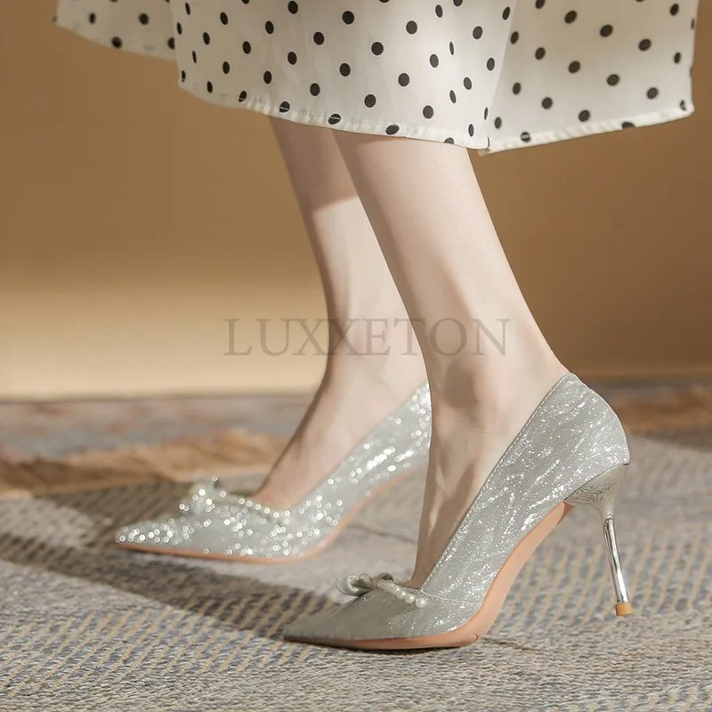 High Heels Thin Heels Crystal Dress Bridal Wedding Shoes Pointed Toe Shallow Mouth Pearl Single Shoes Solid Simple Colors