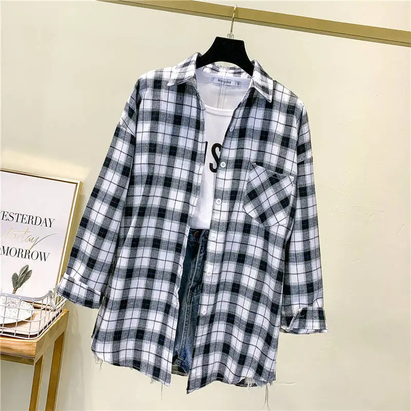 Women Clothing Printing Plaid Patchwork Pocket Buttons Office Lady Simplicity Fashion Loose Turn-down Collar Long Sleeve Blouses