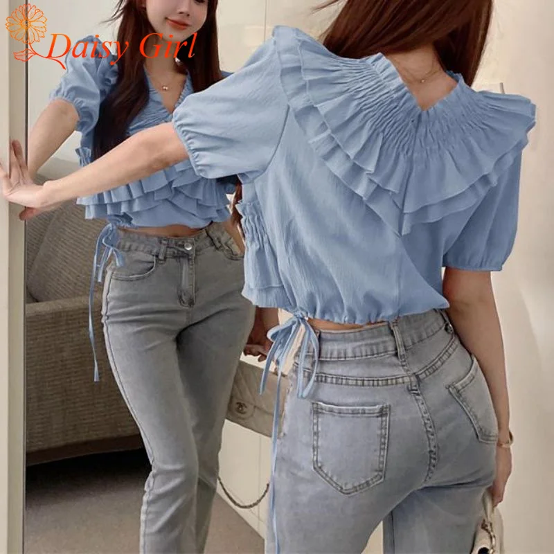 여름 얇은 달콤한 프릴 크로스 플리츠 시크 퍼프 슬리브 v 넥 쉬폰 셔츠 소녀의 귀 묶인 짧은 솔리드 컬러 탑