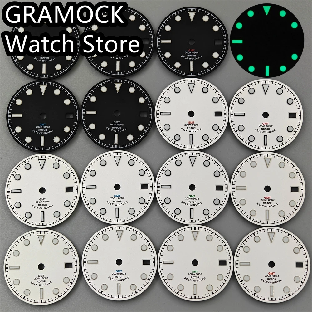 GRAMOCK Watch Dial 29mm White Black Dial White Black Green Blue Red Orange GMT Mark C3 Green Luminous Fit NH34 Movement