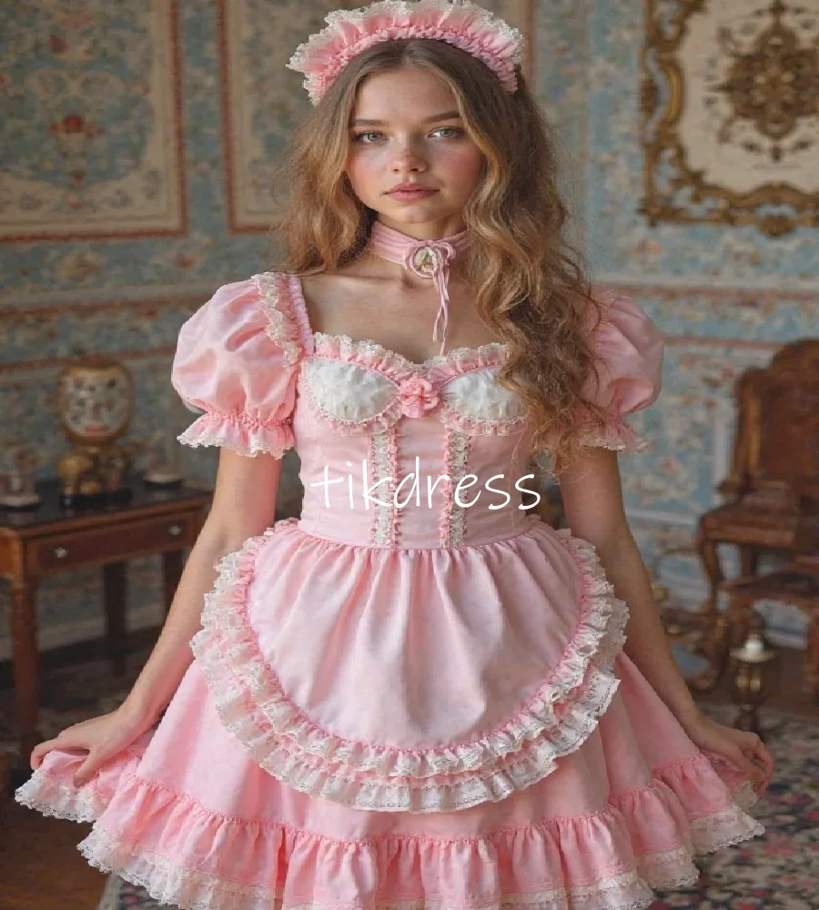 

Sexy Pink Lolita Prom Dress 2025 Short Sleeve Lace Cosplay Maid Evening Dress High School Homecoming Dress Cocktail Customized