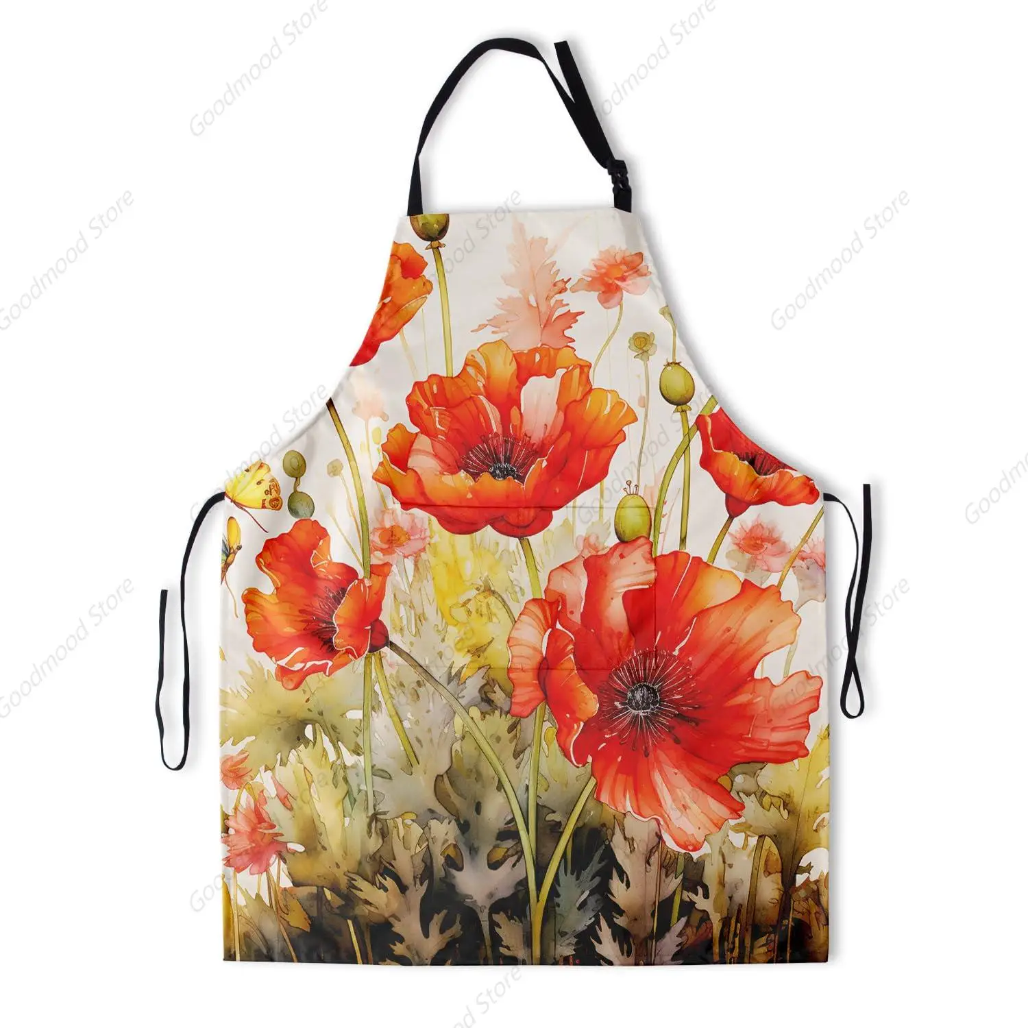 Poppy Flower Apron with Pockets - Watercolor Red Floral Art Apron Butterfly Bib for Home Kitchen Cooking Waitress Chef Grill