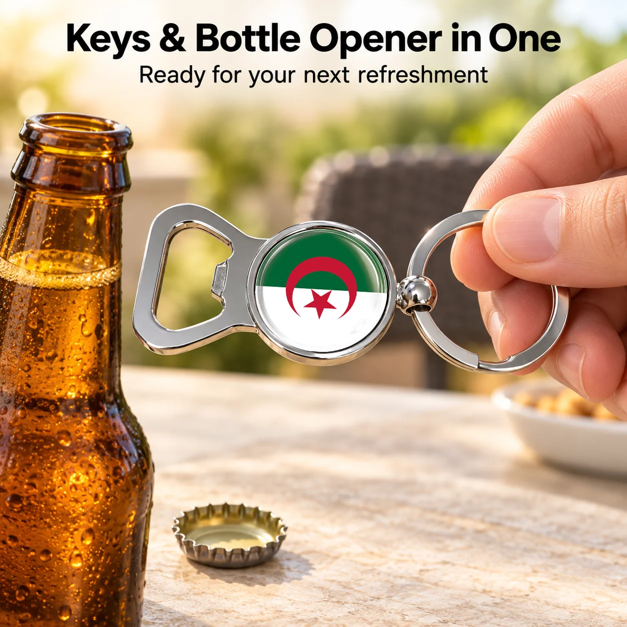 Algerian Flag Metal Bottle Opener Keychain Round 2 in 1 Key Ring Car Key Accessories National Flag Pendant Travel Souvenir Gift 3