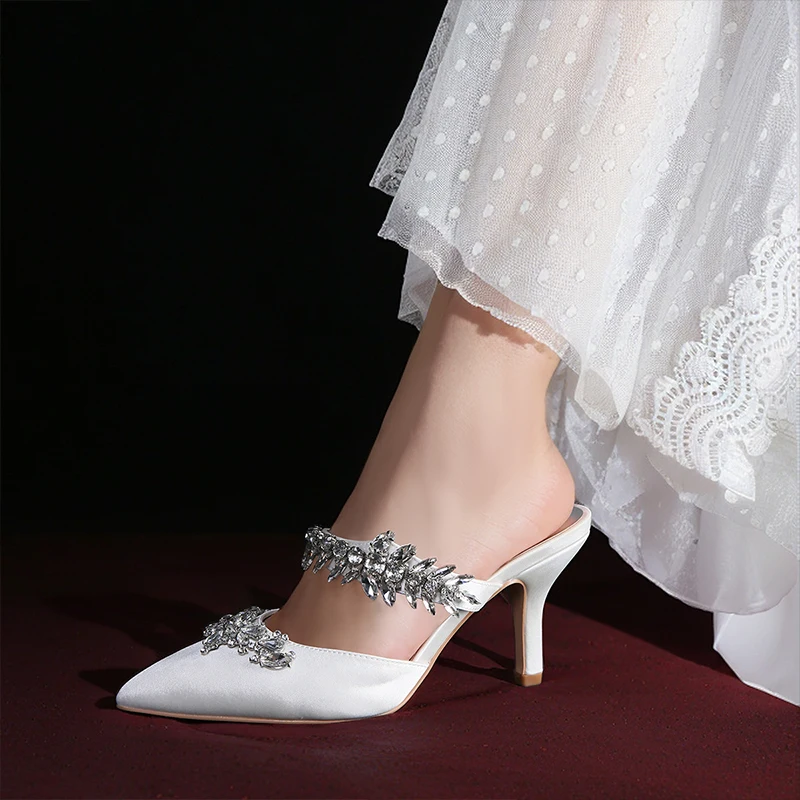 

Genuine Leather Soles Crystal Elegant Wedding Bridal Shoes Pointed Toe Satin Party Dress Pumps Casual Slip On Daily Sandals