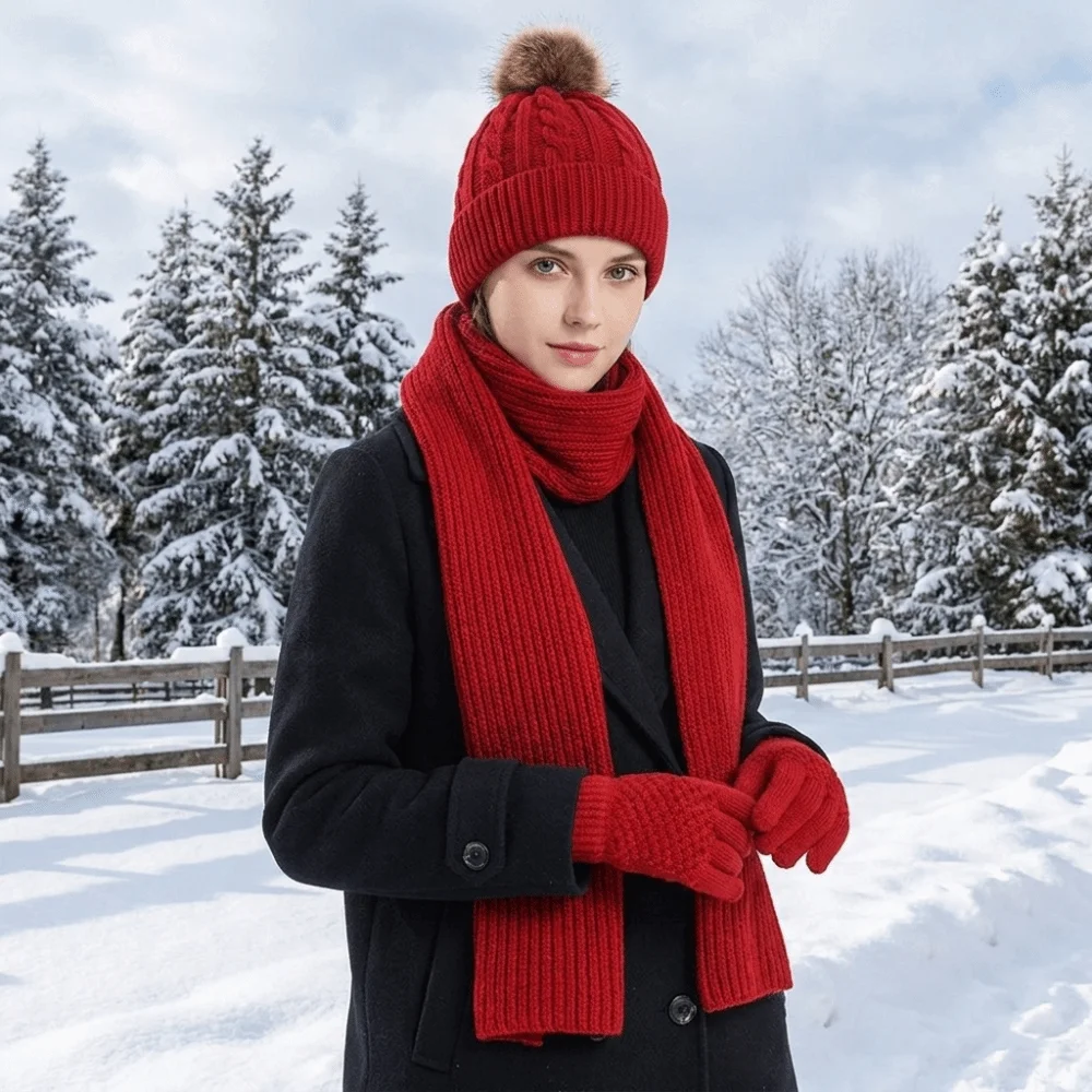 3Pcs/Set Cold Proof Scarf Hat Gloves Set Touch Screen Warmer Mittens Woolen Hat Thickened Acrylic Fibers Knitted Scarf Windproof