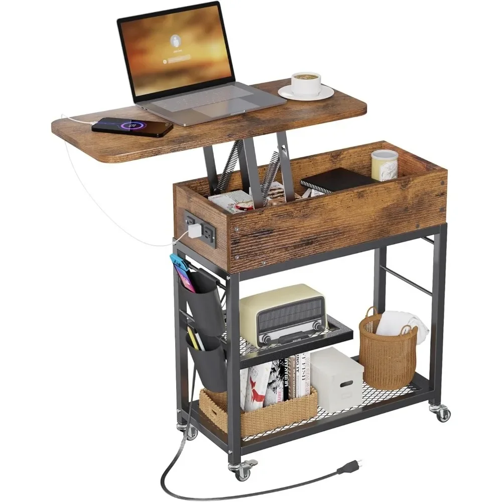 End Table with Charging Station and Wheels, Sofa Side Table with USB Port & AC Outlets, Movable Bedside